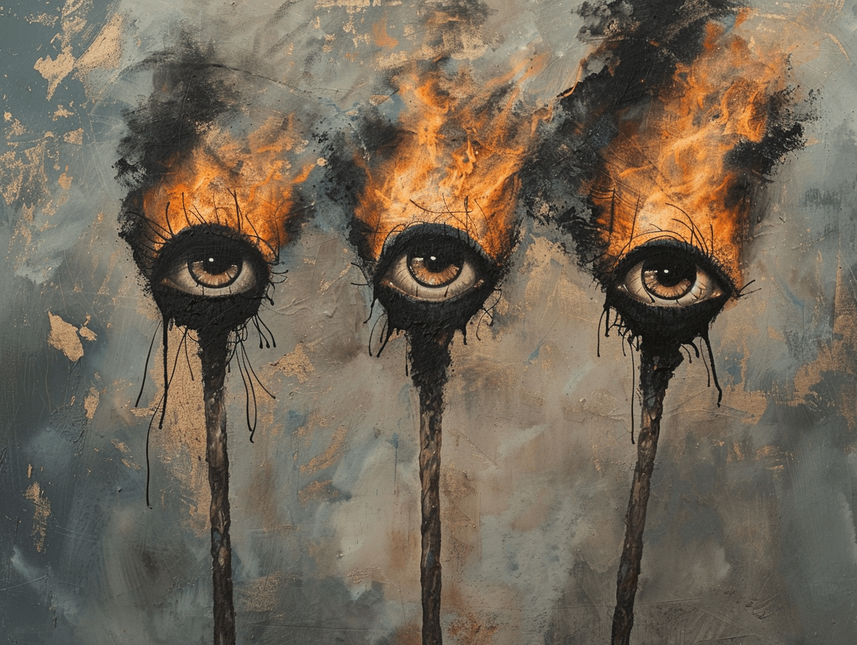 AI generated: three sticks that are burning in the sky with four eyes looking downward, in the style of surrealist...