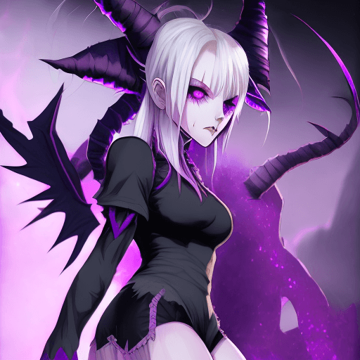 AI generated: 
pale-skinned demon girl in leotard, purple spiky hair in a ponytail, short horns, yuumei artist sty...