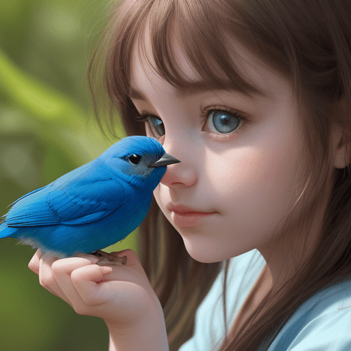 AI generated: portrait of a beautiful girl, watching on a blue bird, sitting on her finger
