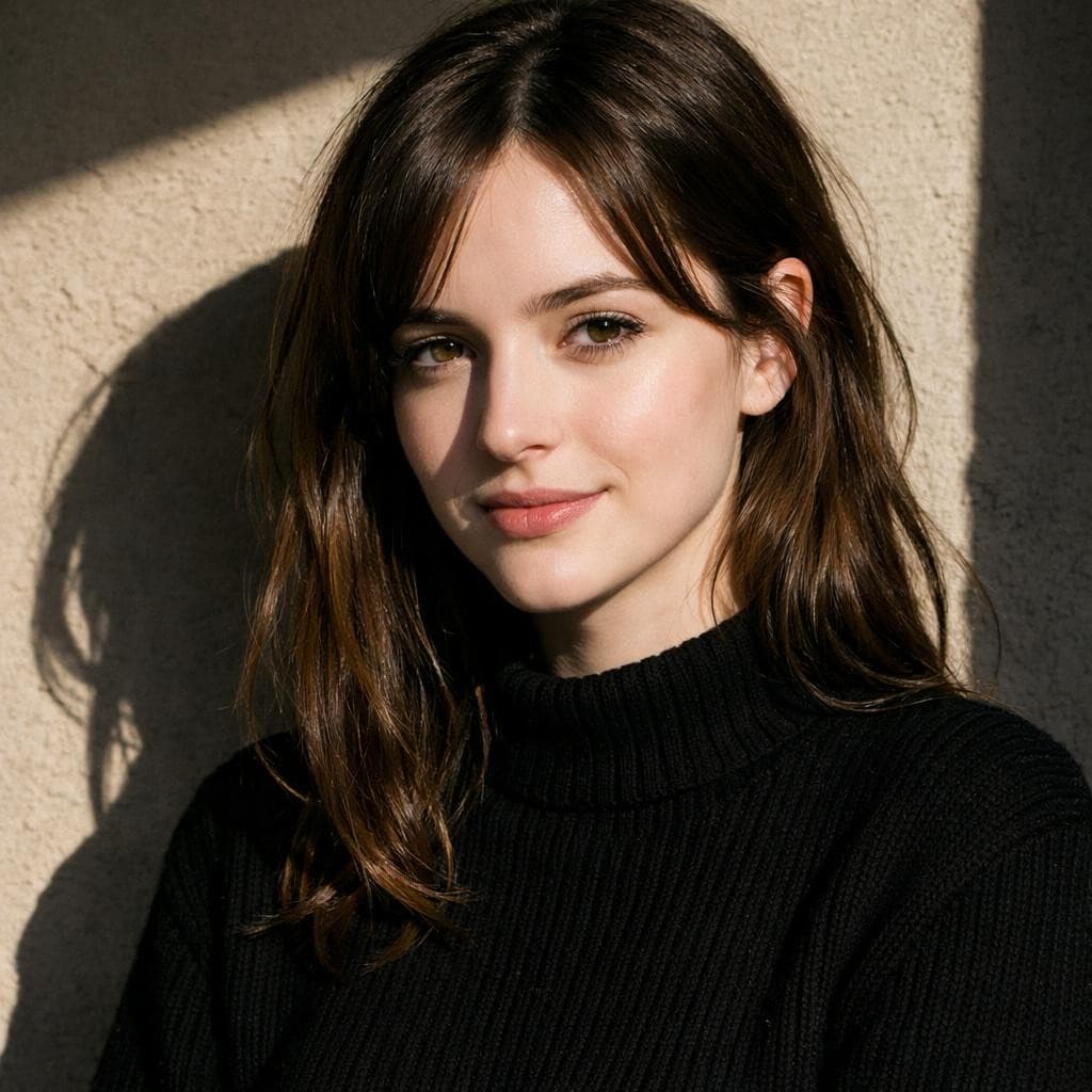 AI generated: instagram photo, photo of 23 y.o Chloe in black sweater, cleavage, pale skin, (smile:0.4), hard shad...
