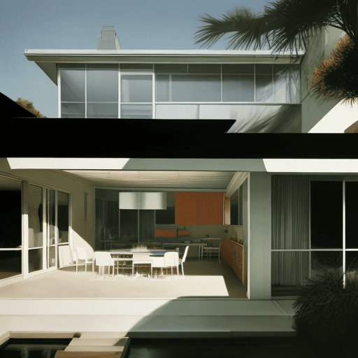 AI generated: Hyper realistic eye level exterior photo of a mid century modern style house overlooking the ocean, ...