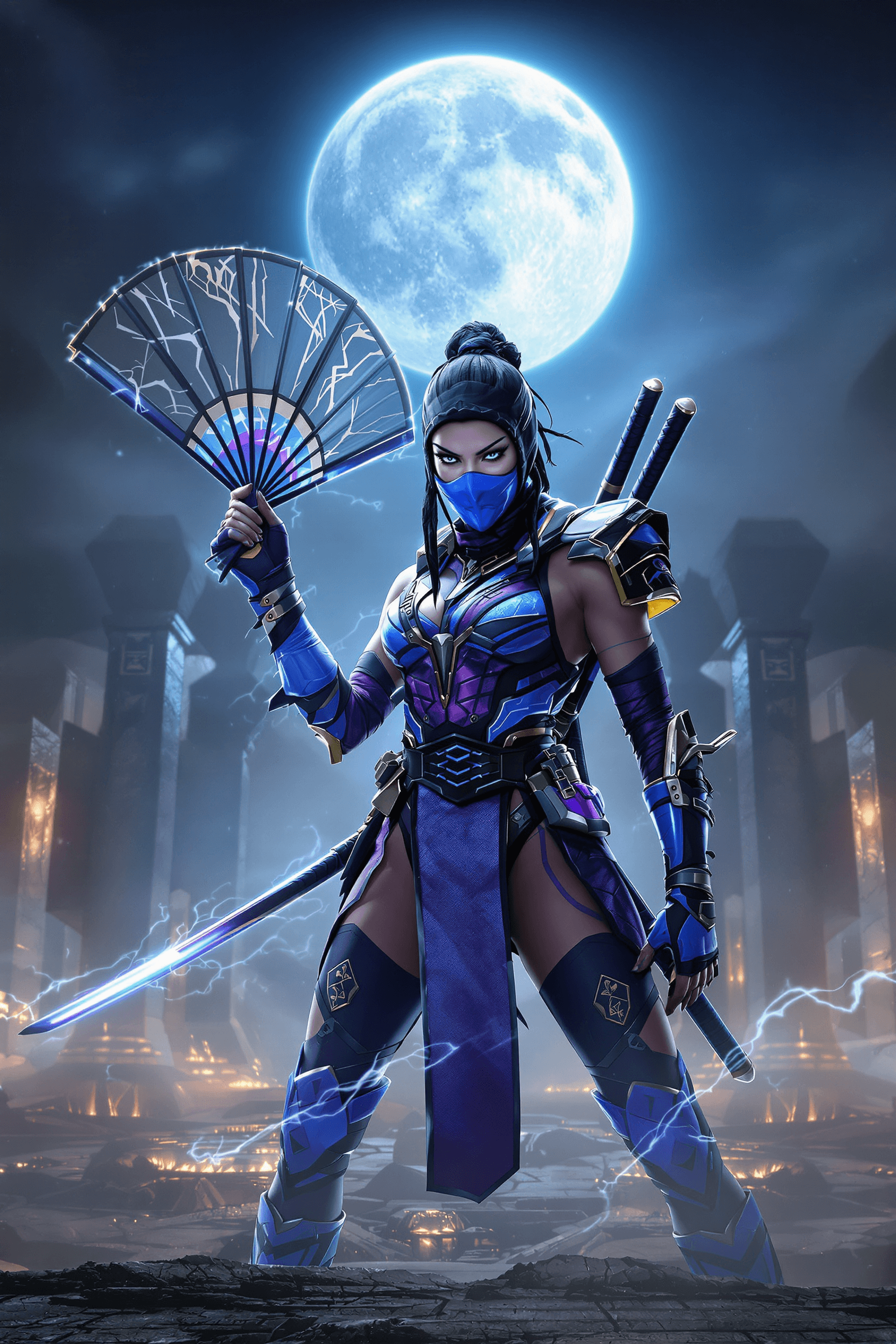 AI generated: Kitana from Mortal Kombat in a fierce battle stance. She wears a sleek blue and purple cyber-ninja w...