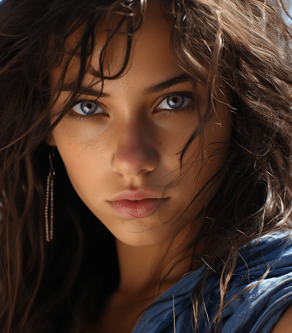 AI generated: a young girl with brown eyes poses for an advertisement, in the style of realistic fantasy artwork, ...