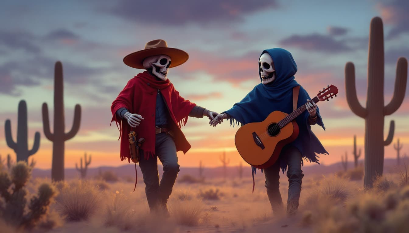 AI generated: Hola, quiero la siguiente imagen: Un hombre junto a dos calaveras con poncho. El hombre lleva pañuel...
