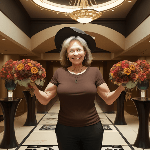 AI generated: A smiling 55 yo woman wearing a brown shirt and black shorts stands with one arm raised, holding a h...