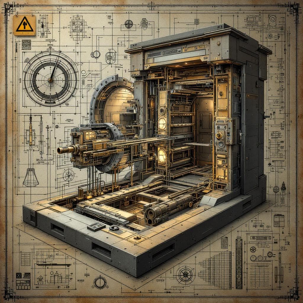 AI generated: design me a good looking schematic of a bank vault like you see in the movies showcasing a cutaway d...