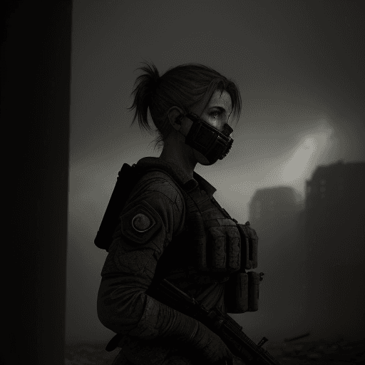 AI generated: Photo of a female soldier in post-apocalyptic setting, dystopian era, cinematic shot, dramatic light...