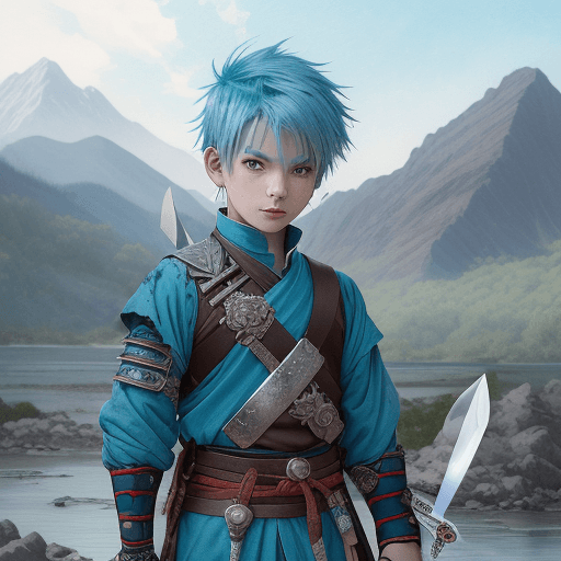 AI generated: a boy with blue hair surrounded by mountains with knives and swords on the front, in the style of ch...