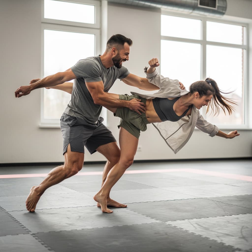 AI generated: Jujitsu between male wearing brief and female wearing unbuttoned shirt with mini pants 