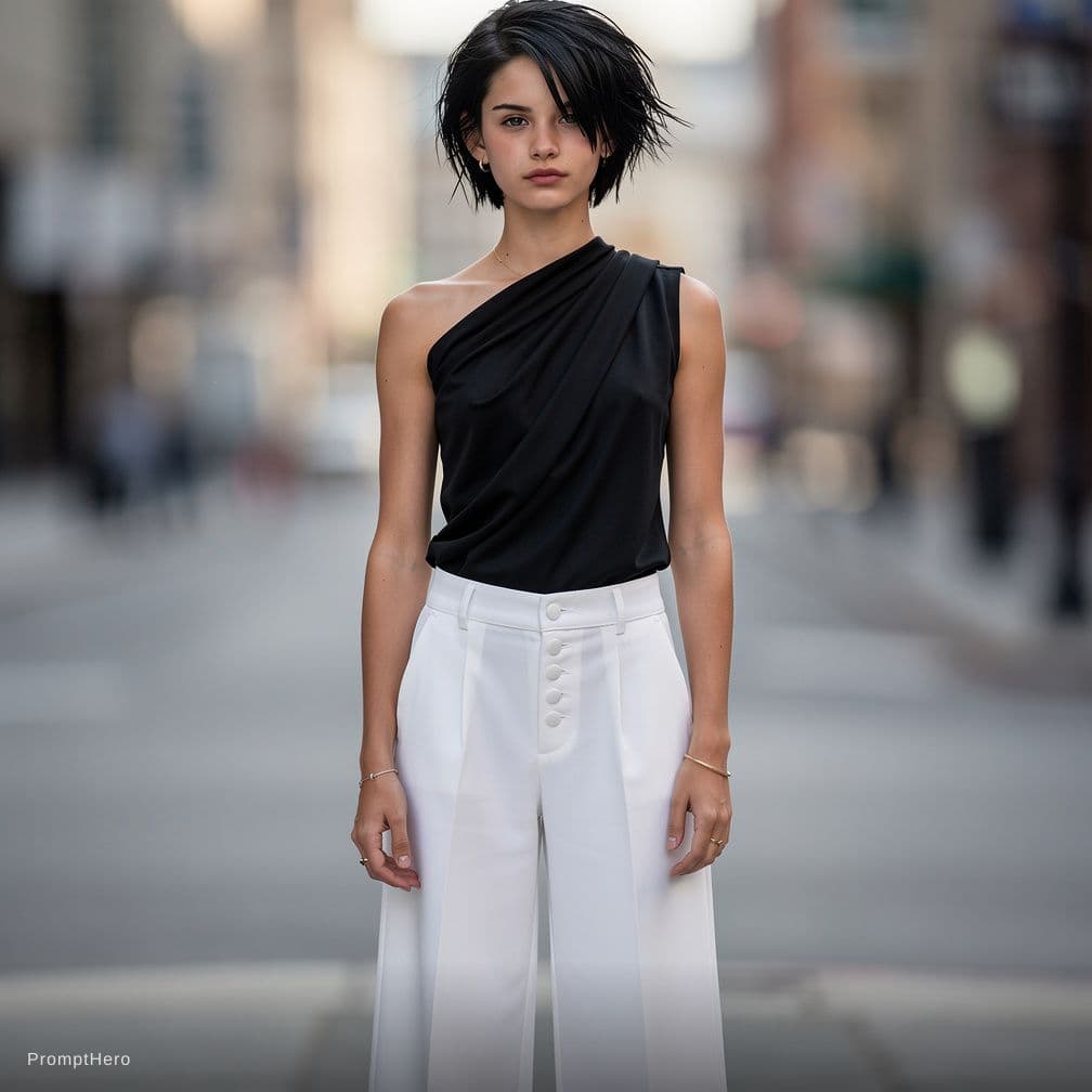 AI generated: A teen with a black feathered cut, a black Grecian top, with sailor pants.