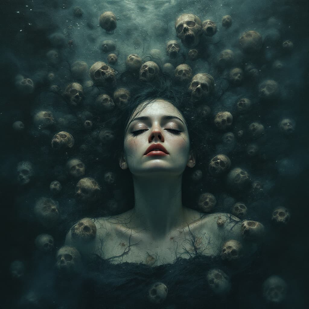 AI generated: A woman lies at the deepest point of the ocean, the Mariana Trench, surrounded by her somber and neg...