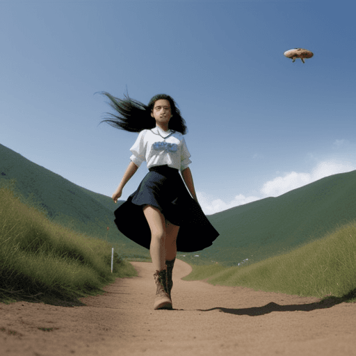 AI generated: A girl walking on air sunreal above ground below it snakes moving
