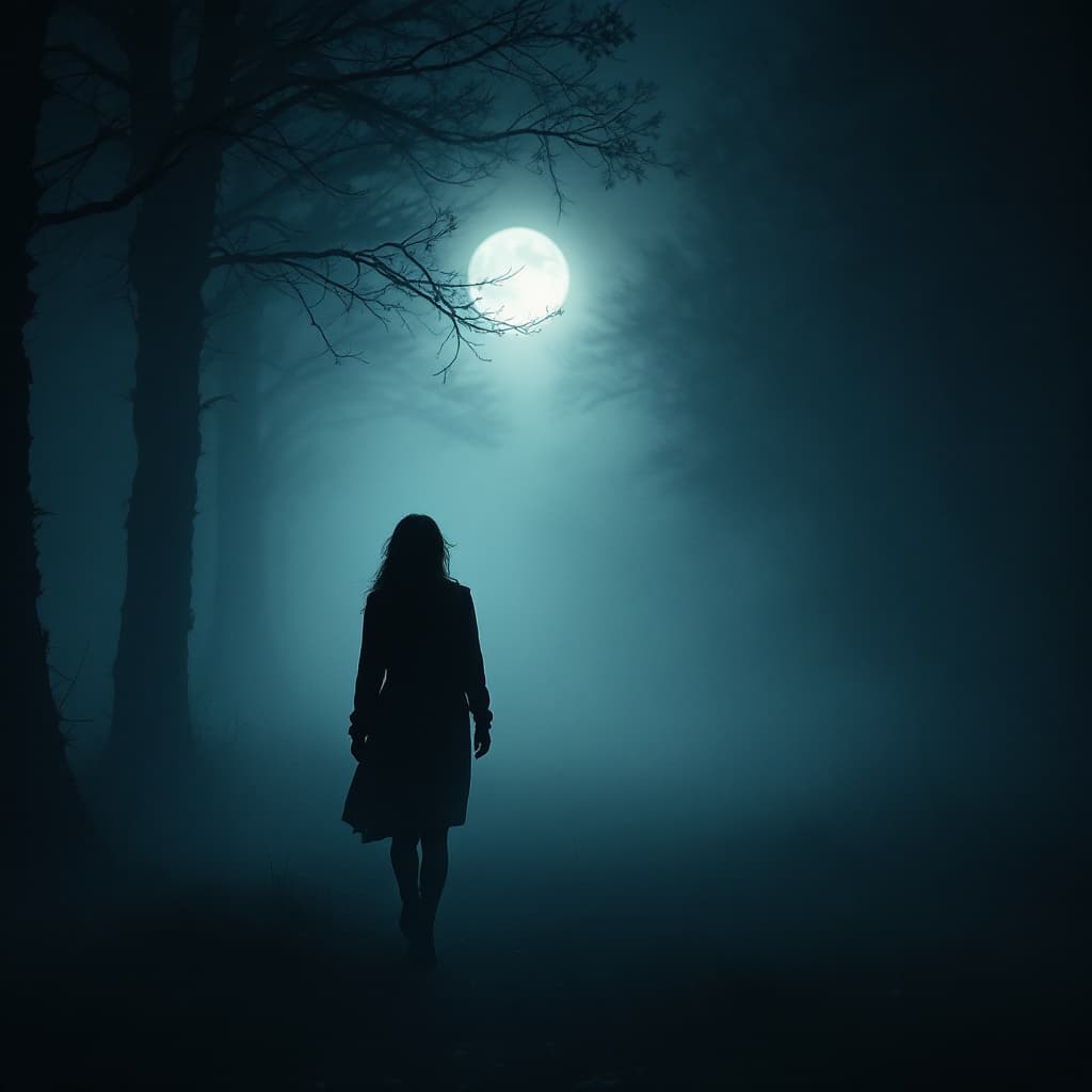 AI generated: woman, walking through dense fog at night, diffused moonlight shines through the fog, aidmaExperimen...