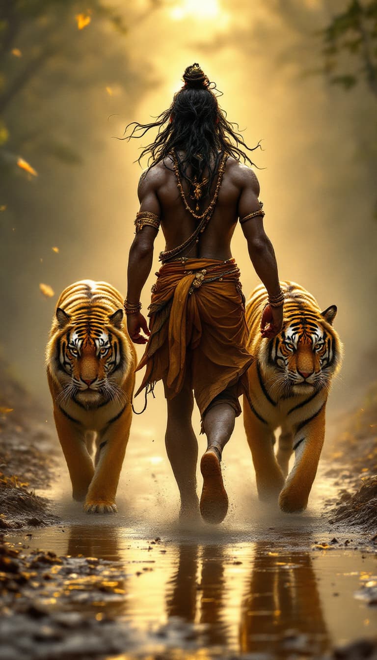 AI generated: Lord Shiva walking with Tigers made of gold, on the muddy road, halation