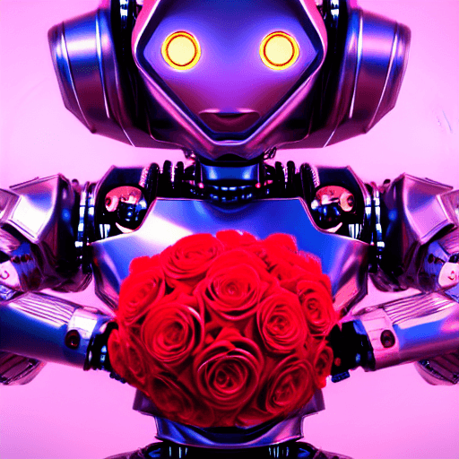 AI generated: beautiful robot holding bright roses in hand close-up, cyberpunk, intricate artwork . octane render,...