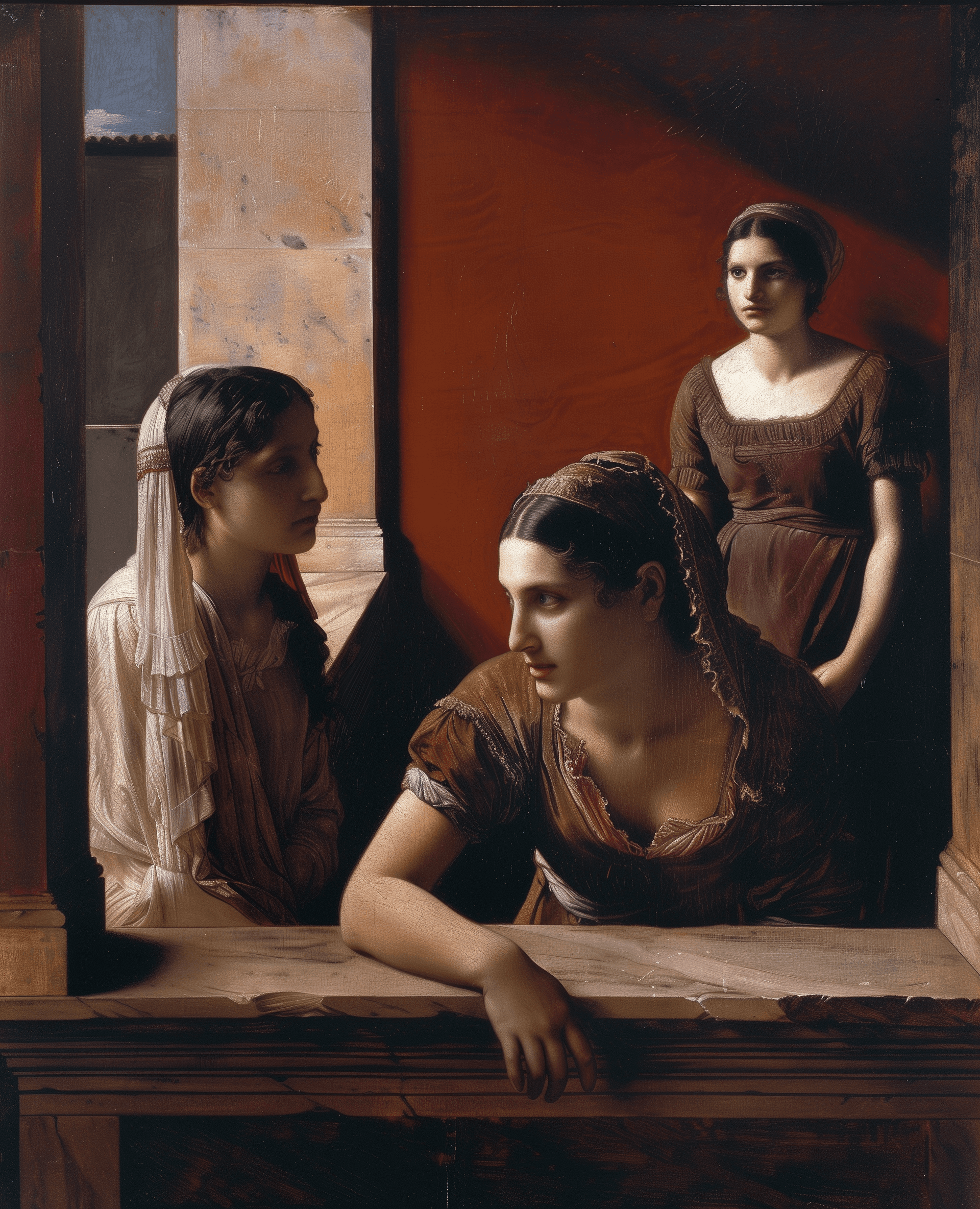AI generated: A portrait of two women, one lying down and the other standing behind her looking at an open window ...