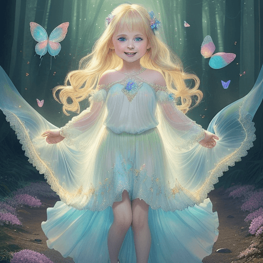 AI generated: a 4-year-old blonde girl with blue eyes and plumper cheeks, smiles, clothes are adorned with shimmer...