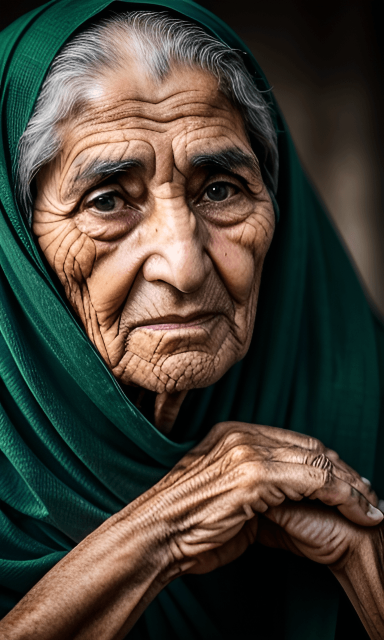 AI generated: A close up portrait of an old village woman, white hair, olive green eyes, dramatic light, dreamlike...