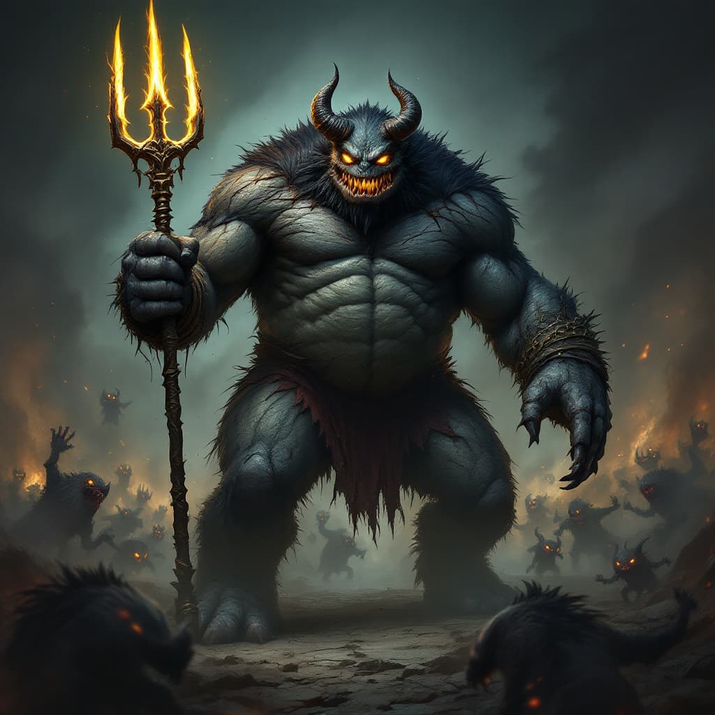AI generated: A powerful and imposing king of the mischievous creatures, larger and more muscular than the smaller...