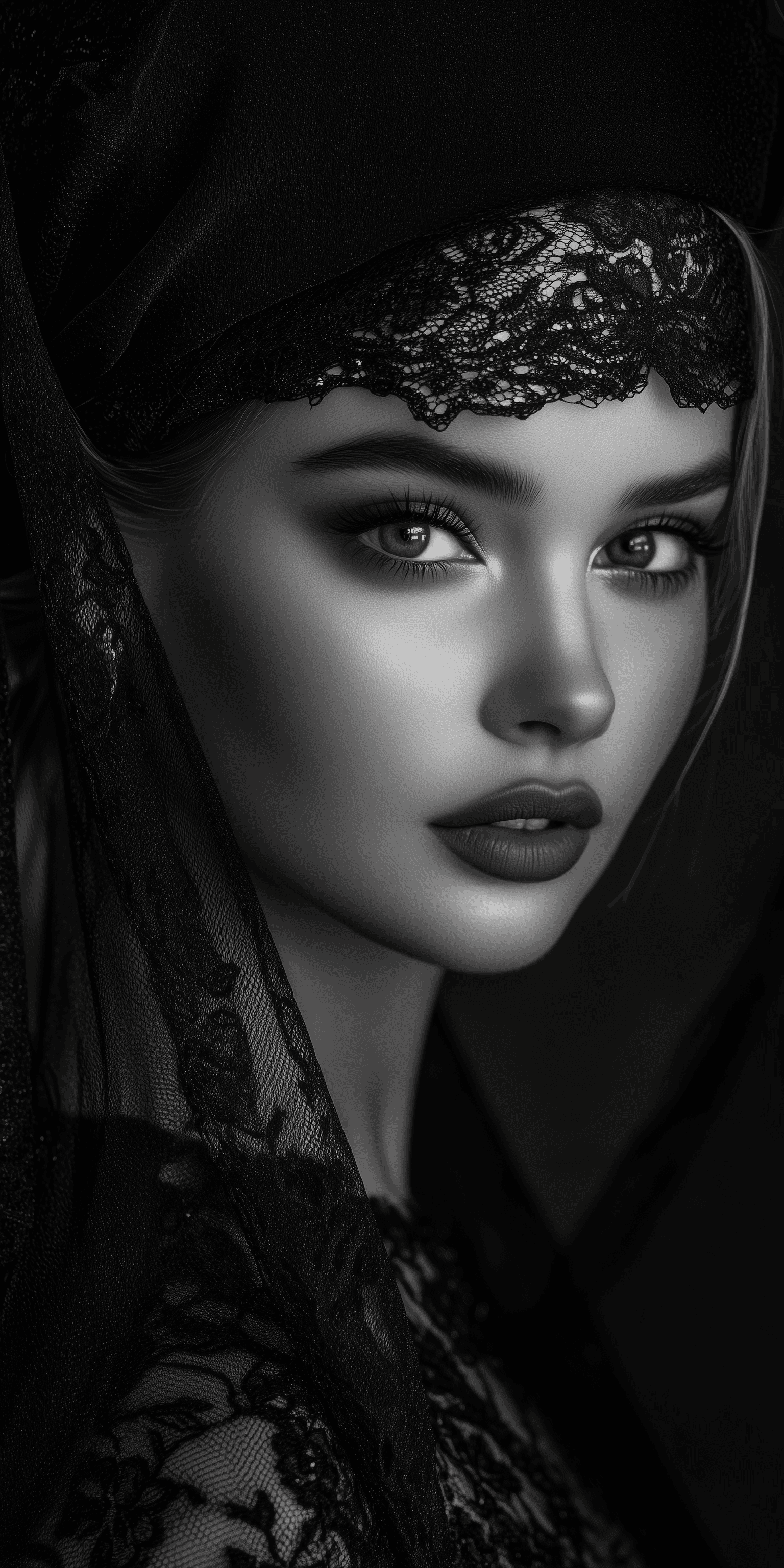 AI generated: Black-and-white portrait of an attractive woman in a black lace veil, wearing a veil on her head, wi...
