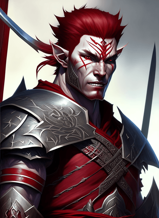 AI generated: evil male elf warrior with muscular grey skin and red hair, samurai armor, ultra realistic, concept ...