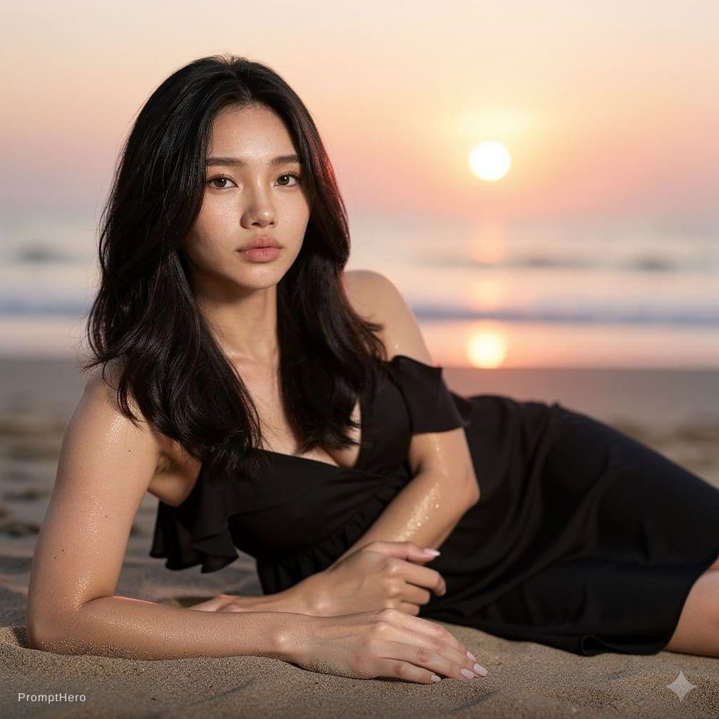AI generated: lying on the beach in a black bikini with thin straps, sunset, wet body, high detail skin,hyperreali...