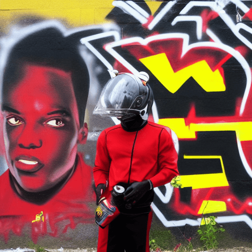 AI generated: a black man in a red and yellow suit, wearing a red power ranger helmet holding spraycans in front o...