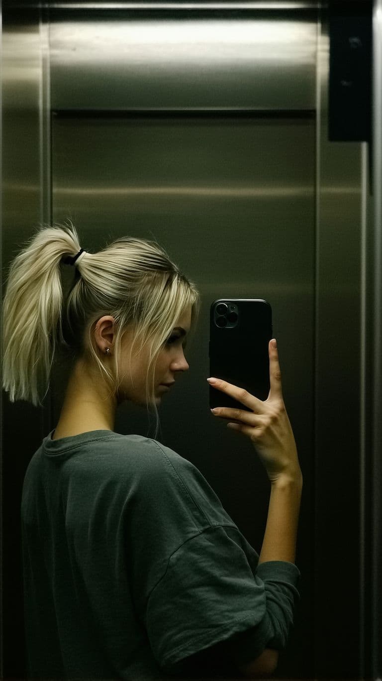 AI generated: A 35 years old sweden woman, blonde hair with ponytail, stands in front of a mirror, capturing a sel...