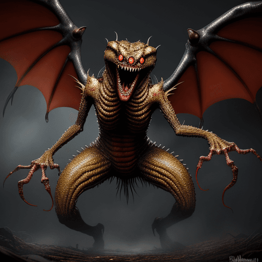 AI generated:  high quality foto of a big monster, 10 legs, 3 arms, slimy, 3 grimaces with big teeth, wings, horro...