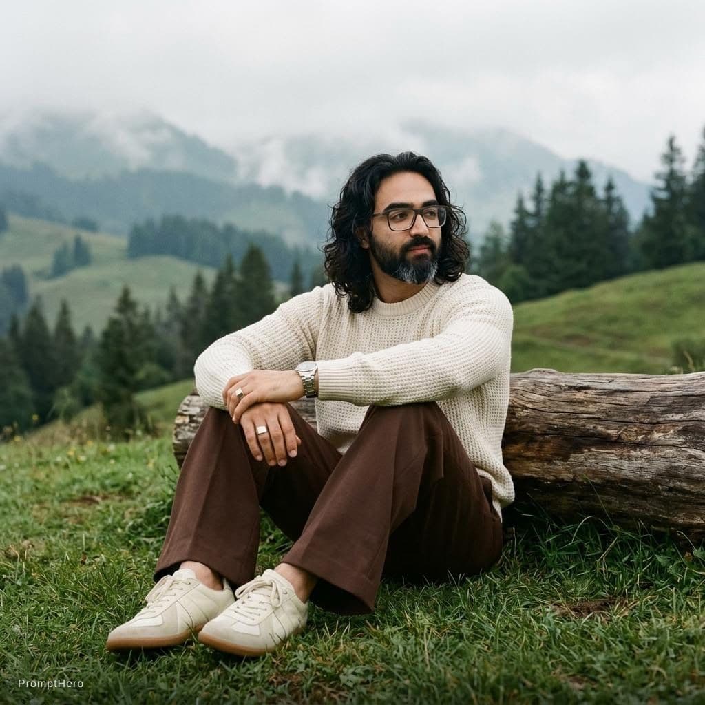 AI generated: Full-body shot of a young man with wavy, voluminous dark hair sitting cross-legged on a grassy hill,...