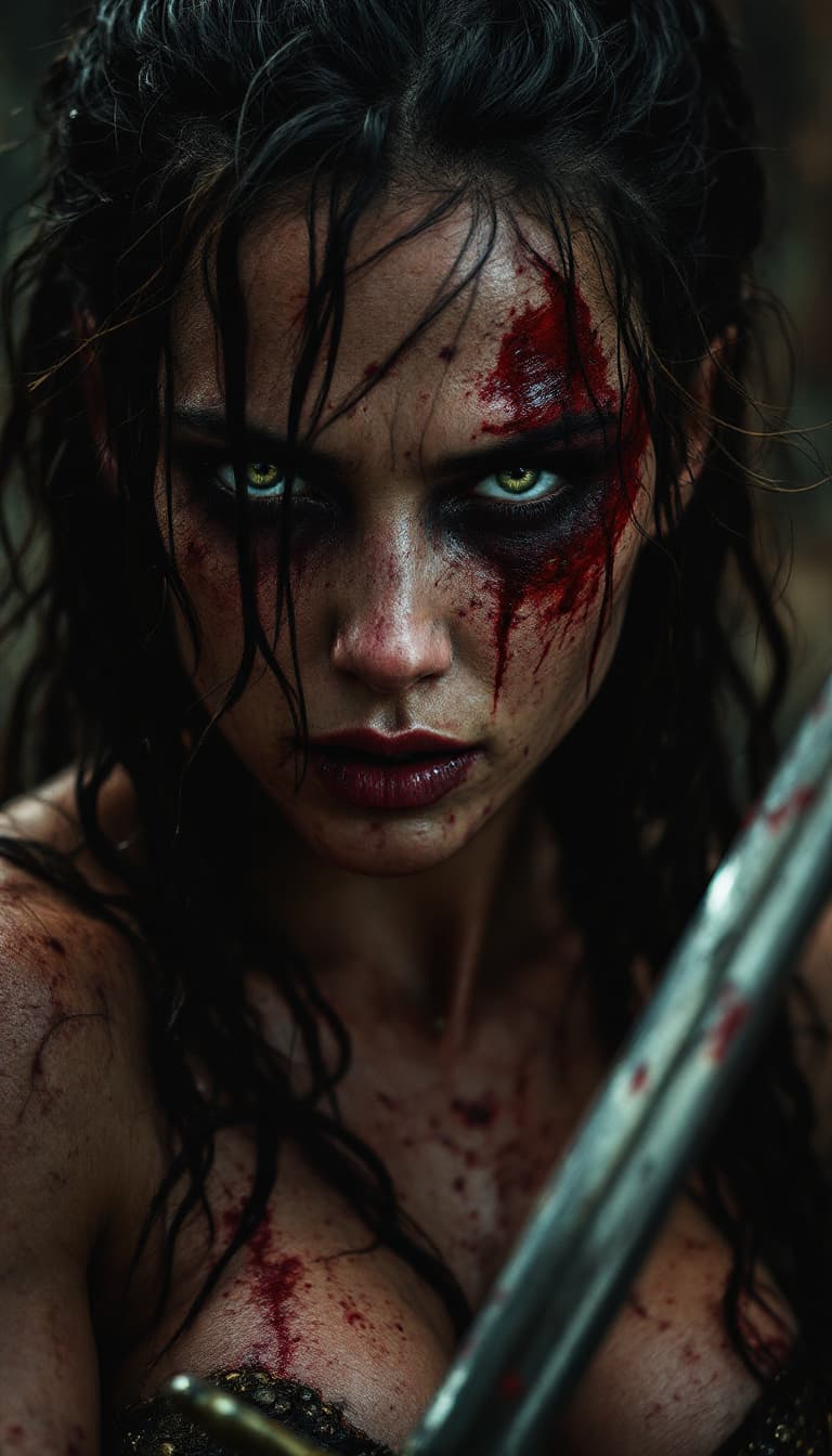 AI generated: high-resolution photograph, woman, ugly scar in the face, exposed body,  dramatic scene of old war, ...
