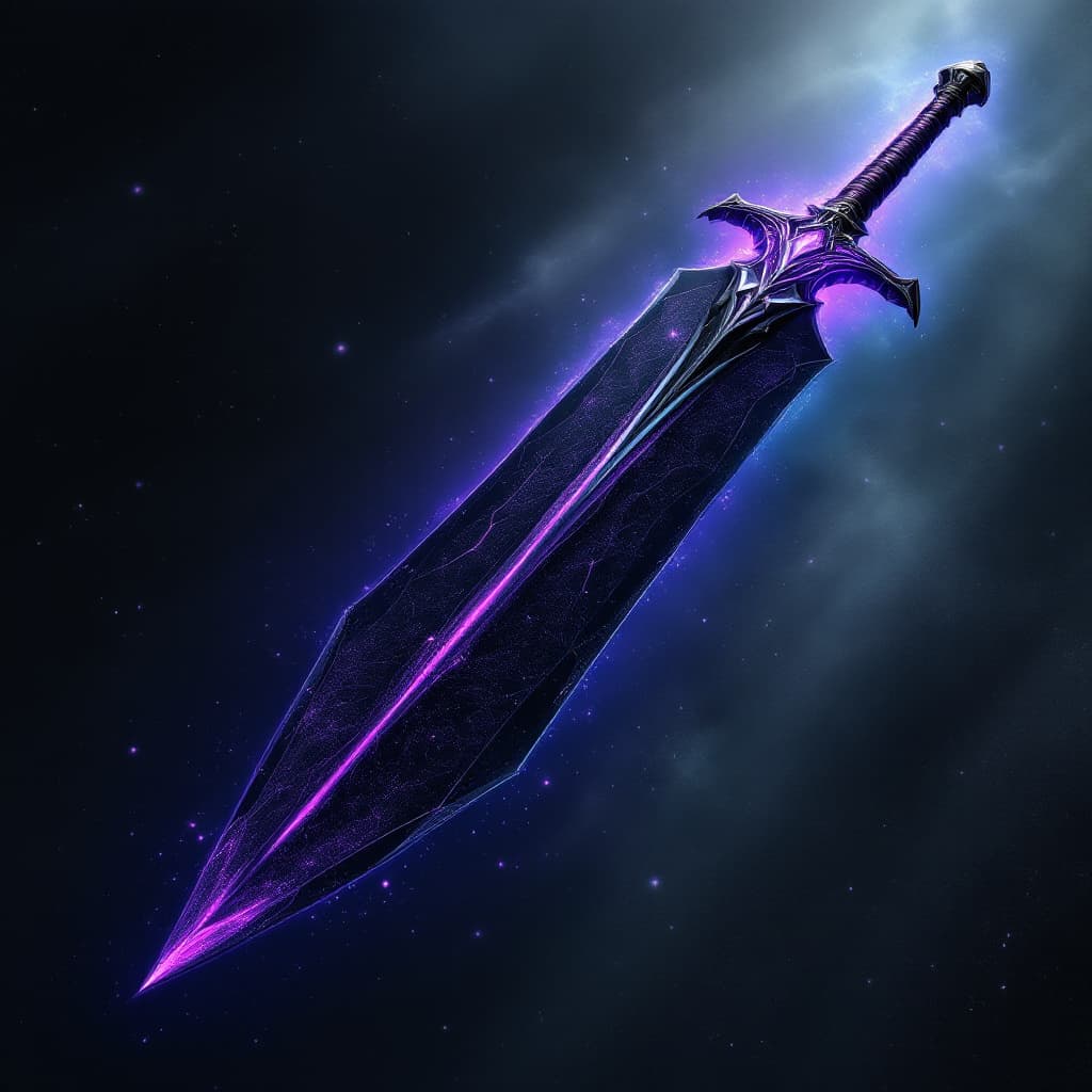 AI generated: "A massive greatsword, forged from an unknown cosmic metal, its obsidian-black blade seeming to drin...