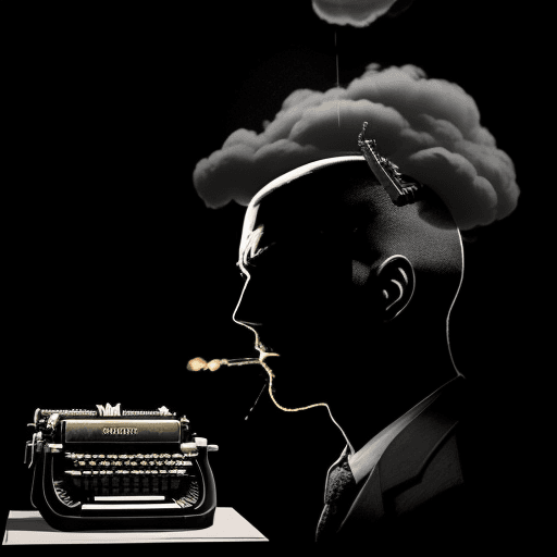 AI generated: a typewriter mixed with a gun blowing a man's head in a black background with a poor light