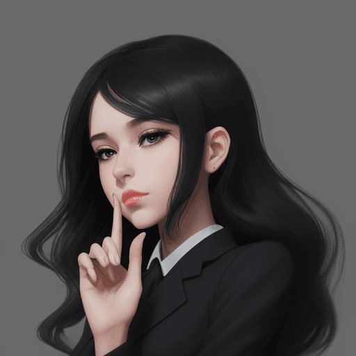AI generated: a girl in a black suit,in the style of dreamy and elegant,  index finger on lips with keep silent ge...