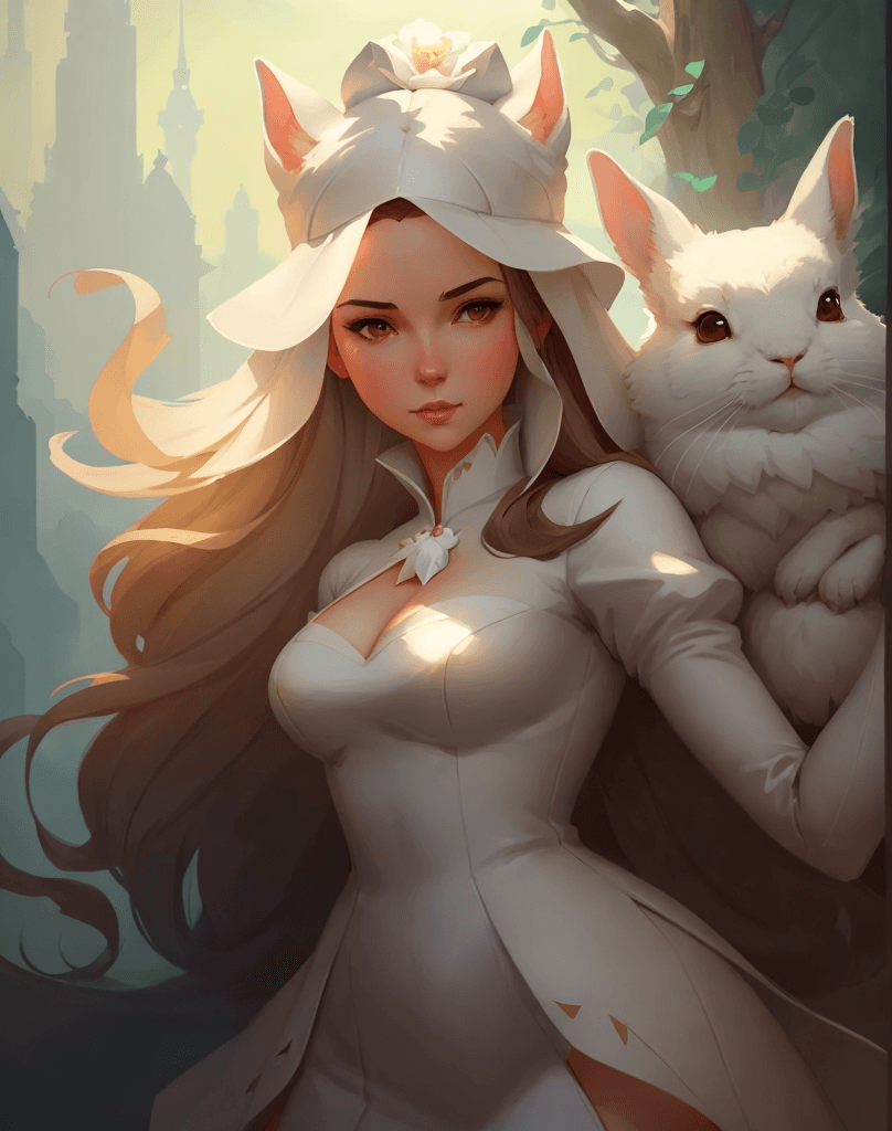 AI generated: arafed image of a woman in a white dress holding a white rabbit, artgerm and atey ghailan, style art...