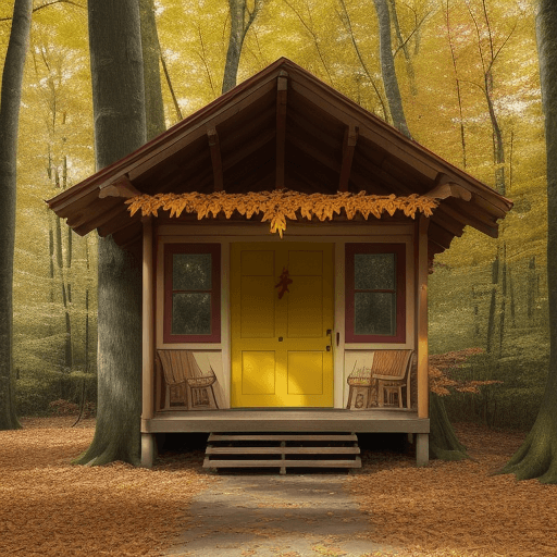 AI generated: a caban in the wood with brown, yellow and red leaves on the ground, surrounded by big trees like er...