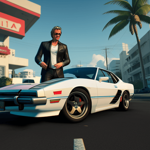 AI generated: gta6 image style using car,involving crypto catching eyes including reference to don johnson in Miam...