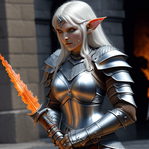 AI generated: Elf, warrior woman in chainmail armour weilding a flaming sword. She is a fierce warrior on the batt...