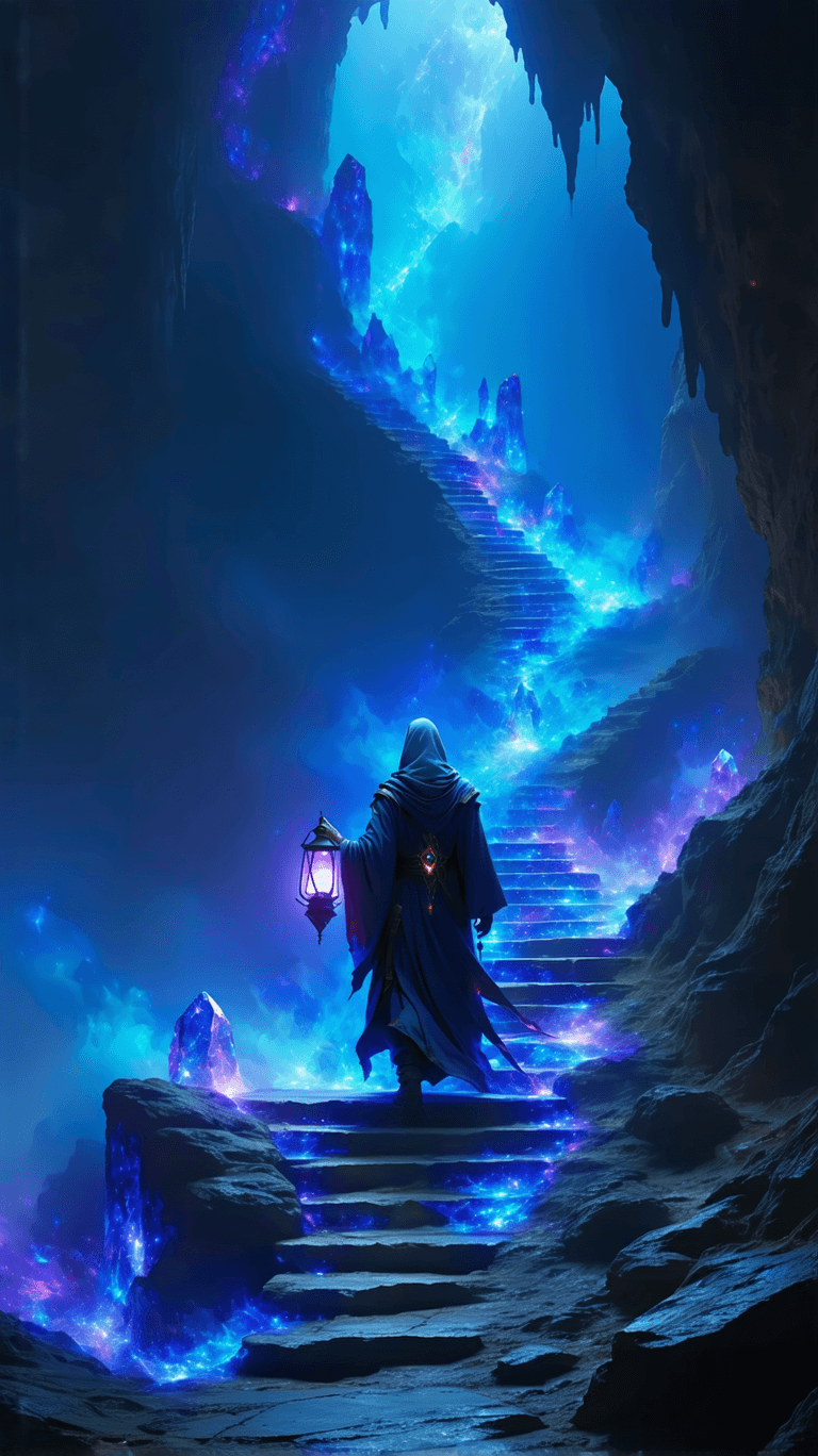 AI generated: A lone, mystical figure ascends a floating staircase of ancient stone, suspended in an ethereal void...