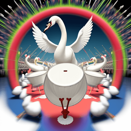 AI generated: a cartoon style image of a large white swan holding drum beaters, stood playing a large drum, surrou...