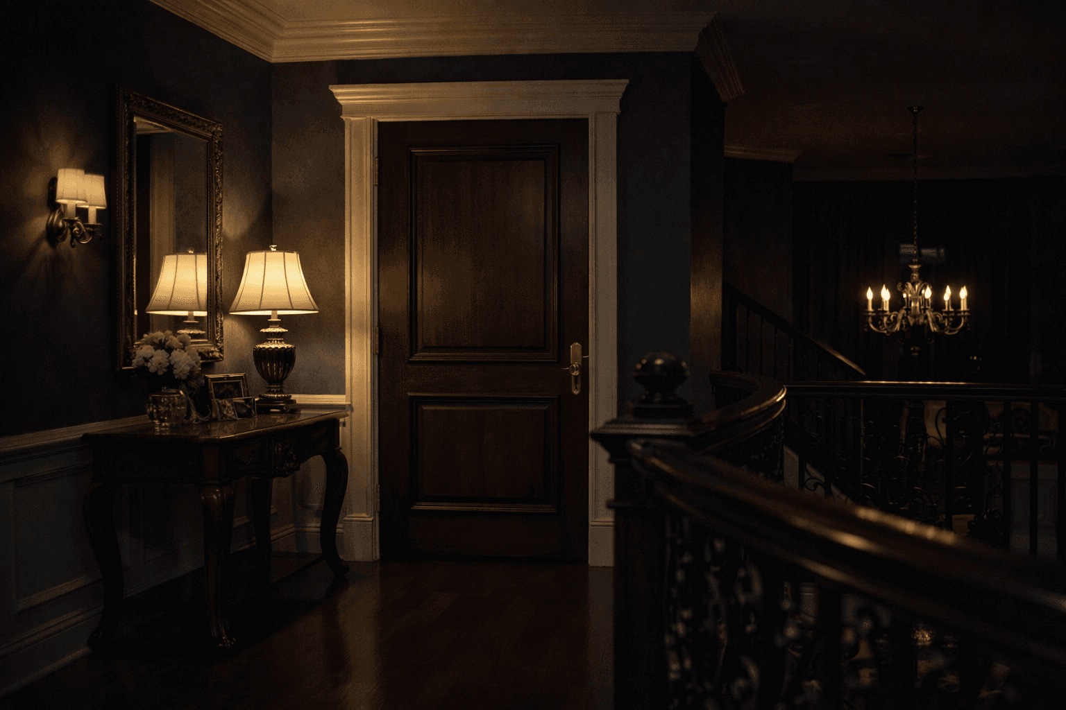 AI generated: At night at a beautiful and luxurious house, on the second floor.

The view is the outside of a bedr...