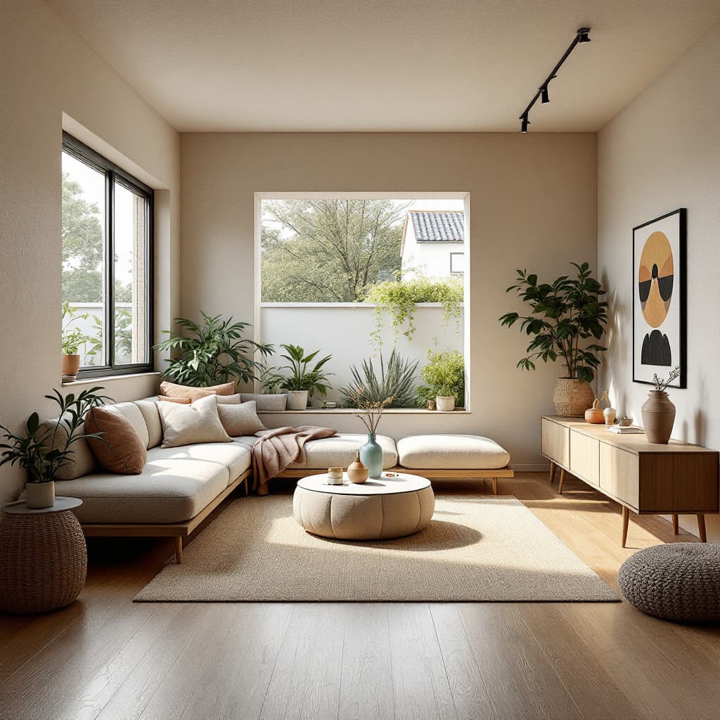AI generated: High resolution photography interior design, dreamy sunken living room conversation pit, wooden floo...