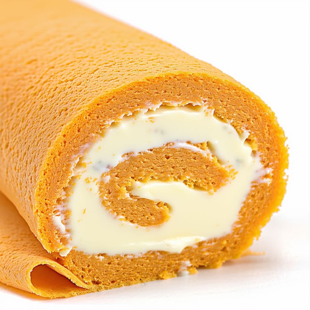 AI generated: The image shows a rolled cake with an orange exterior and a white chocolate base, similar to a Swiss...