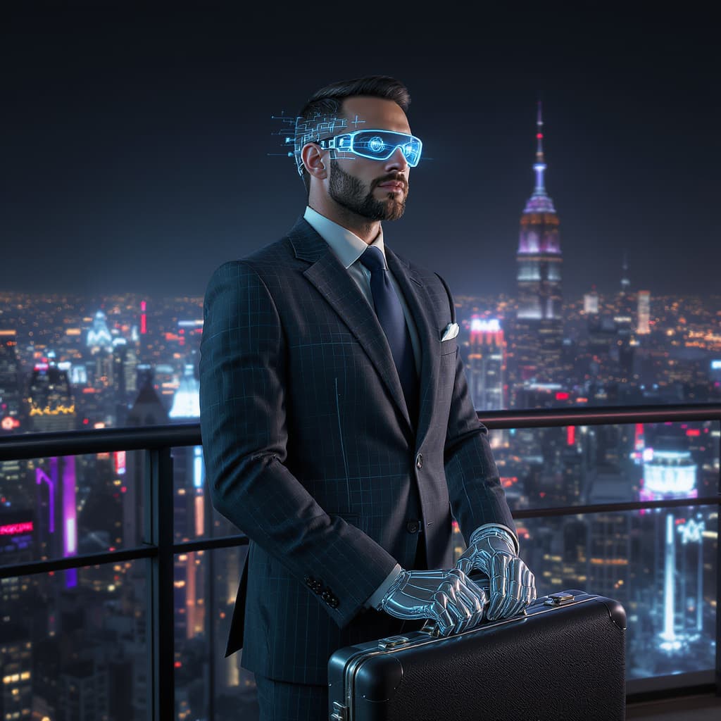 AI generated: male corpo fixer, 30s, relaxed power stance, augmented iris HUD, tailored graphene suit with subtle ...