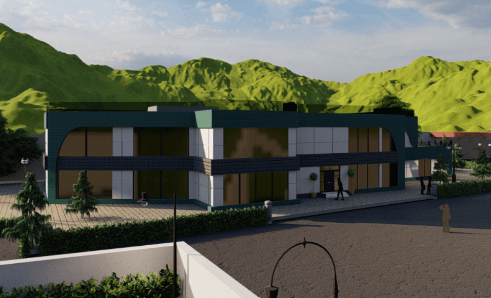 AI generated: Gallery, morning, a location with buildings in the background. The upper part of the building has a ...