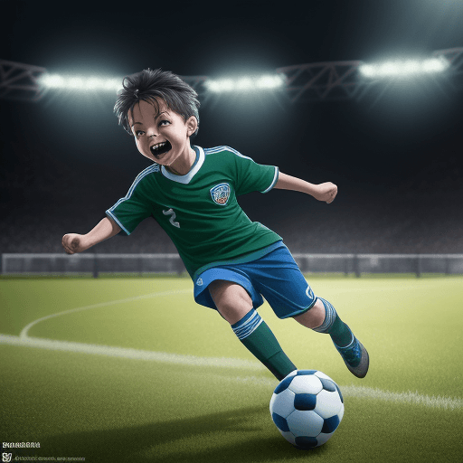 AI generated: In this fantastic scene a full body  kid soccer boy Toddler is wearing blue and green soccer uniform...