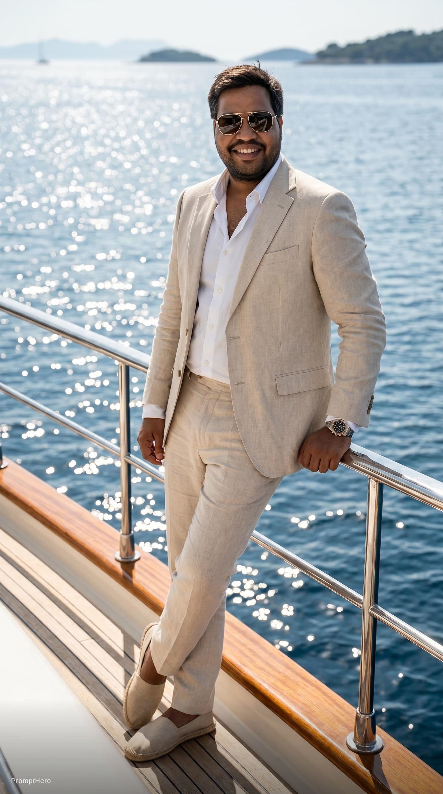 AI generated: Create a high-end fashion image of a male model wearing a tailored summer suit with an open shirt. P...