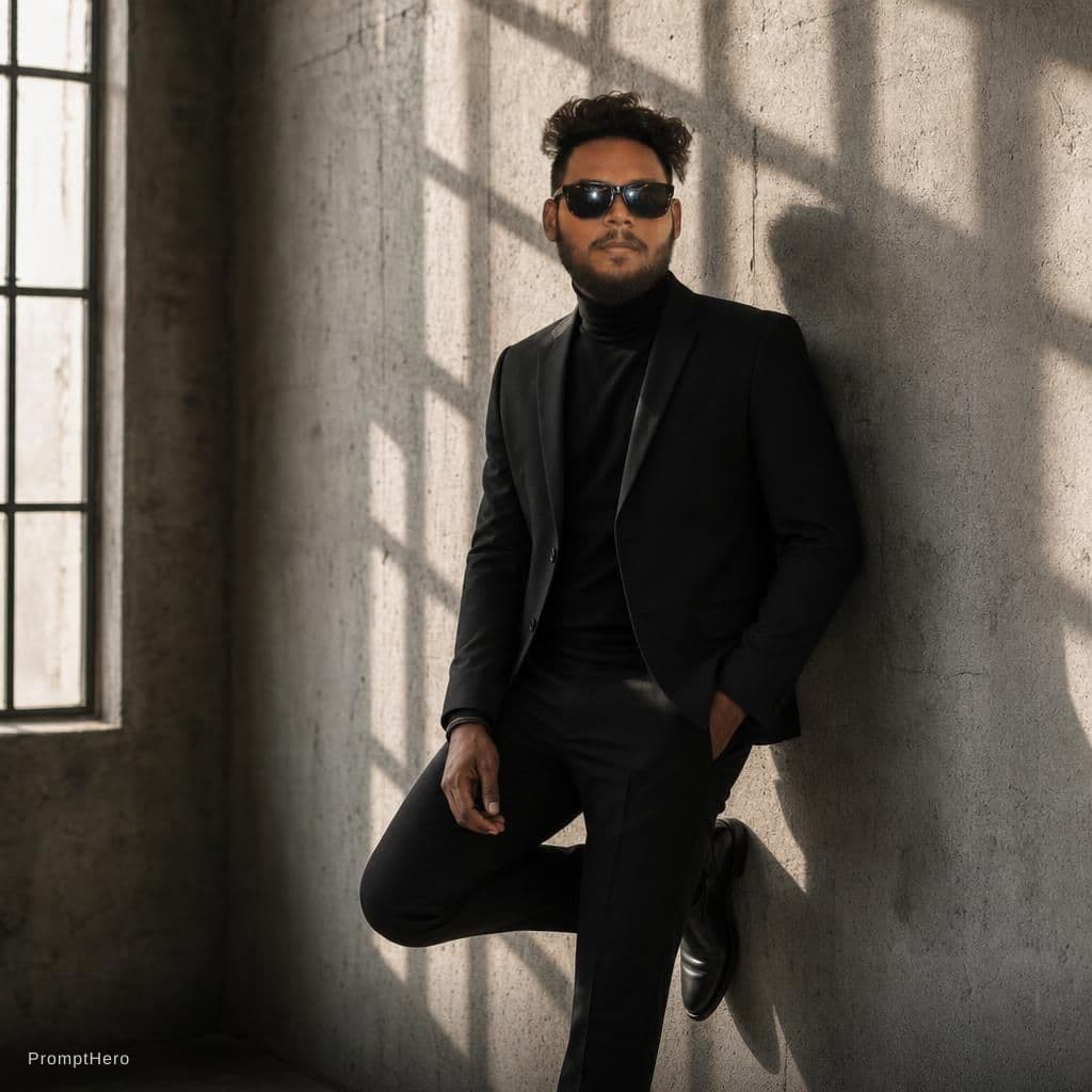 AI generated: this as A man in a tailored black
blazer and turtleneck stands against a
concrete wall. One foot u...