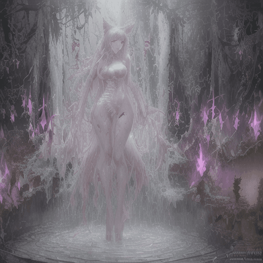 AI generated: ahri nine tailed fox, tipsy, bruise wounded, lovely, wet soaked, water splash, torn apart, ripped cl...