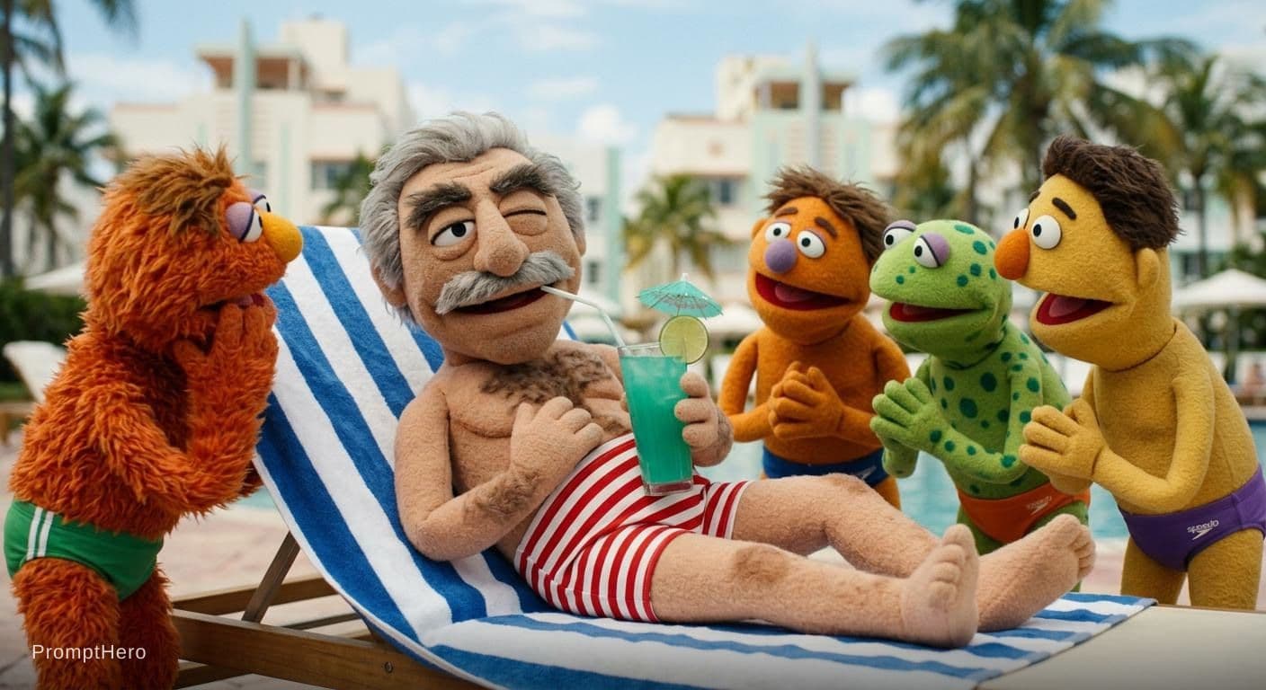AI generated: A Picture of a male muppet lounging by the pool in Miami wearing speedo, anatomically correct. chest...